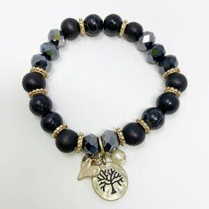 Black Beaded Stretch Bracelet w/Tree, Heart & Pearl Charms